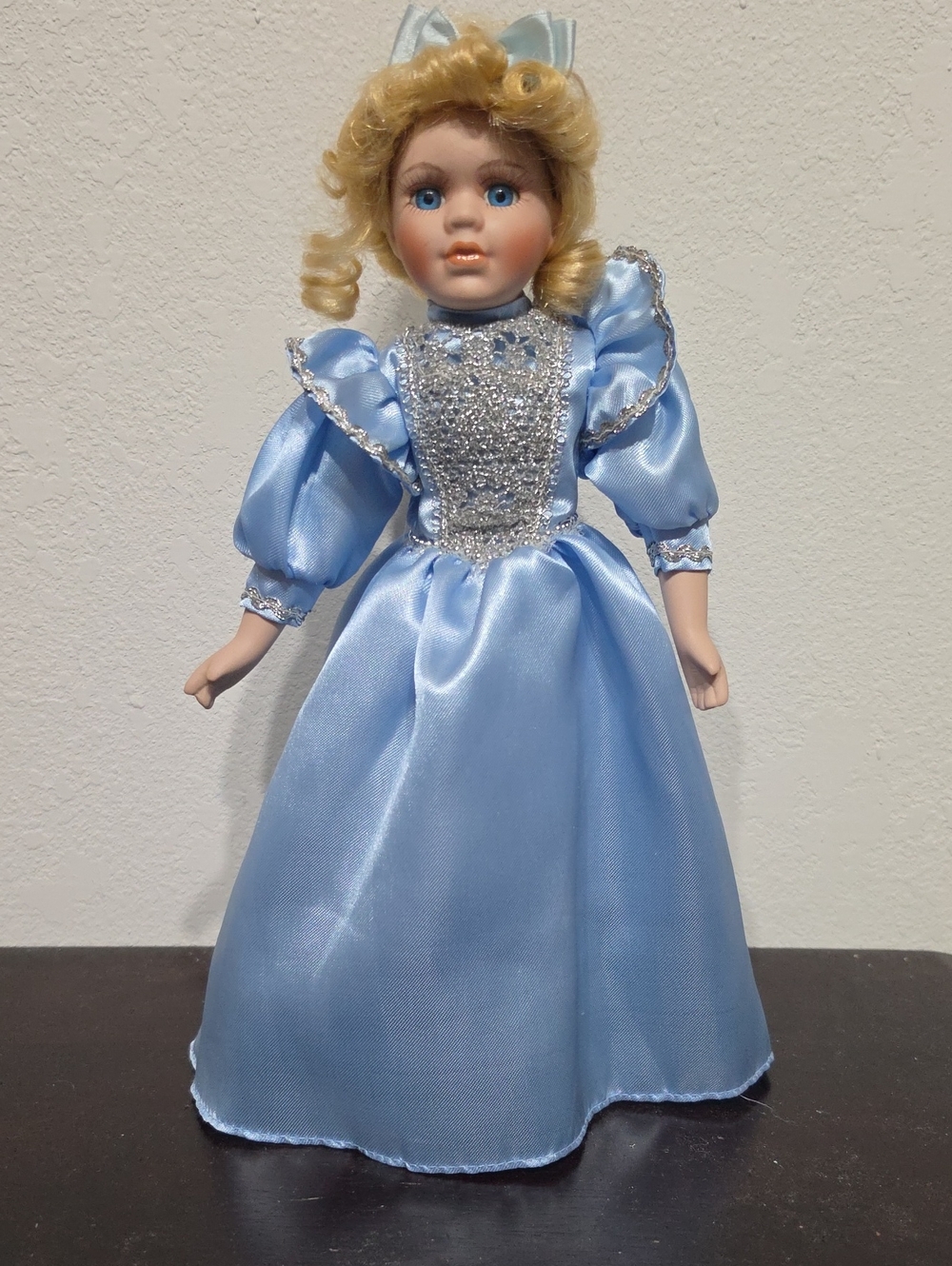 Vintage Blue Satin Porcelain-Style Doll with Blonde Hair